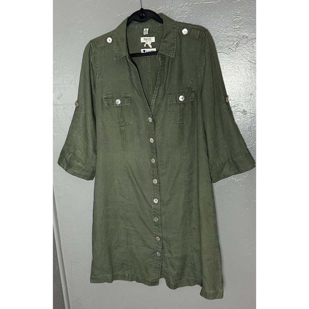 Women's Malvin I Love Linen Size XL Green Shirt Dress Missing‎ Belt Has Pockets